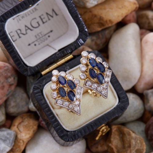Marquise Blue Sapphire & Diamond Earrings 18K Two Tone Gold