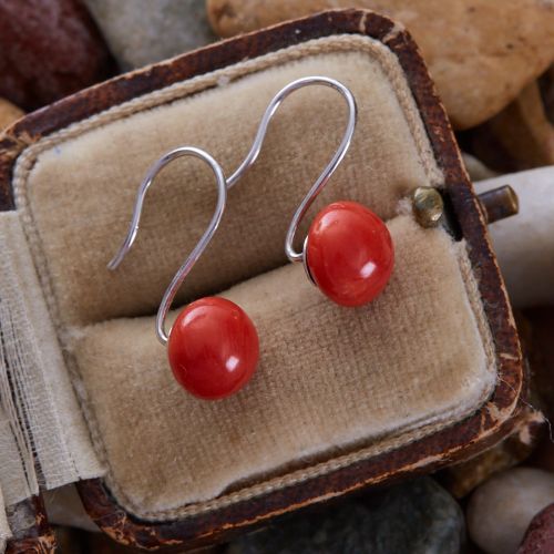  Pretty Red Coral Drop Earrings White Gold