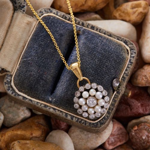 Diamond & Seed Pearl Pendant Necklace 18K Yellow Gold & Platinum