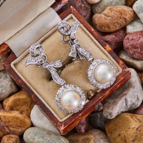 Bow Design Pearl & Diamond Earrings 14K/18K White Gold