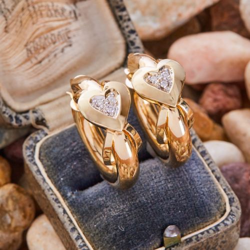 Diamond Heart Hoop Earrings 14K Yellow Gold