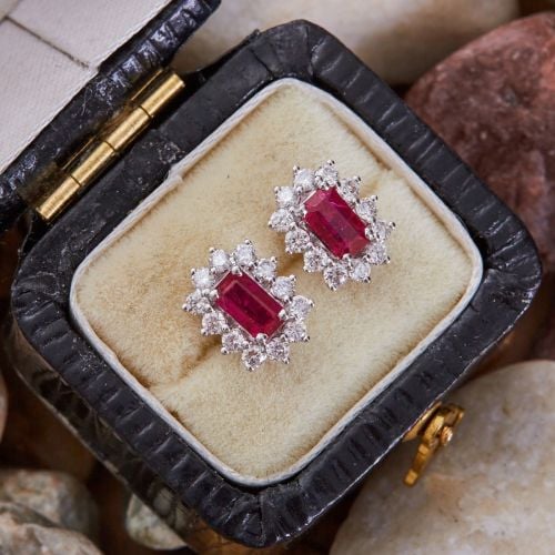 Emerald Cut Ruby & Diamond Halo Earrings 14K White Gold