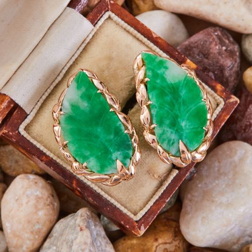 Vintage Jadeite Jade Carved Leaf Earrings 14K Yellow Gold Clip-Ons