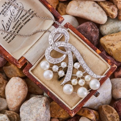 Vintage Ribbon Design Pearl & Diamond Pendant Necklace 14K White Gold
