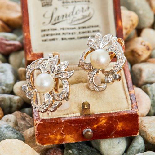 Pierced Design Pearl & Diamond Earrings Platinum & 14K Yellow Gold