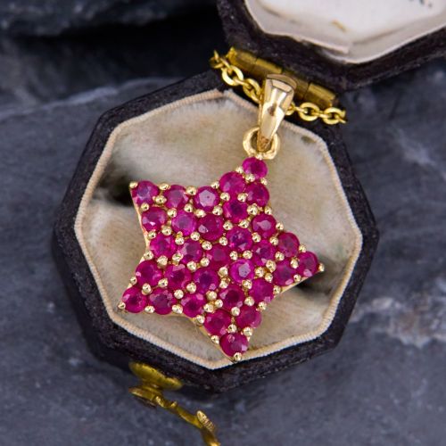 Gorgeous Pavé Set Ruby Star Pendant Necklace 14K Yellow Gold