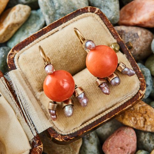 Vintage Cabochon Coral Earrings w/ Pearl Accents 14K Yellow Gold