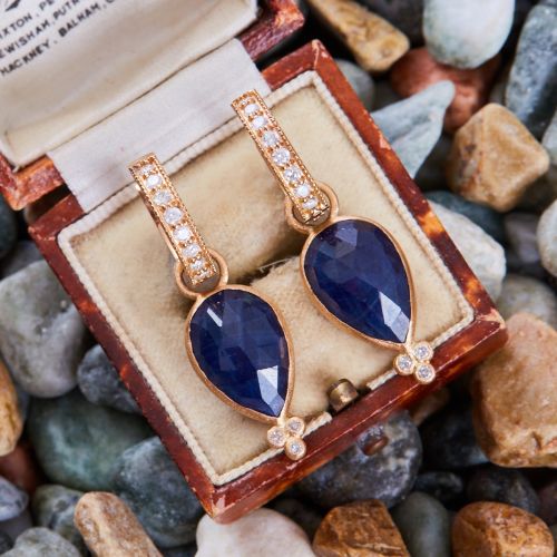 Pear Rose Cut Blue Sapphire Earrings w/ Diamond & Tourmaline Hoops 18K Yellow Gold