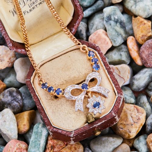 Diamond & Blue Sapphire Bow Motif Necklace 18K Two Tone Gold
