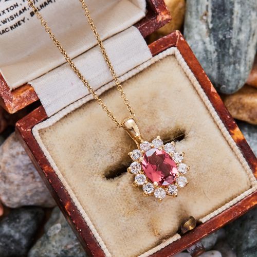 Pink Tourmaline & Diamond Halo Pendant Necklace 14K Yellow Gold