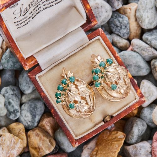 Vintage Cabochon Turquoise Earrings 14K Yellow Gold