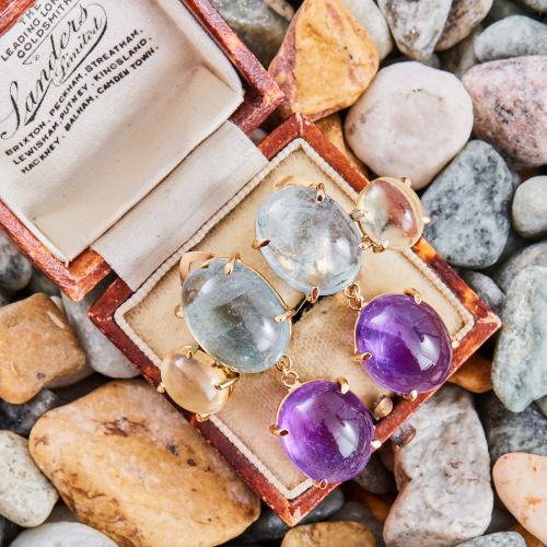 Colorful Gemstone Cabochon Earrings 14K Yellow Gold