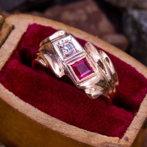 Vintage Diamond & Lab Ruby Ring 14K Yellow Gold