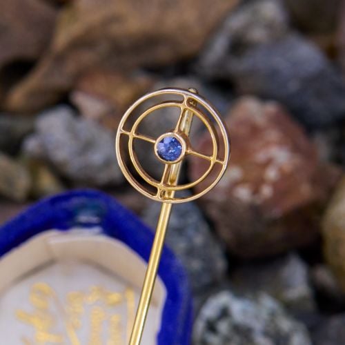 Vintage Circle Sapphire Stick Pin 14K Yellow Gold