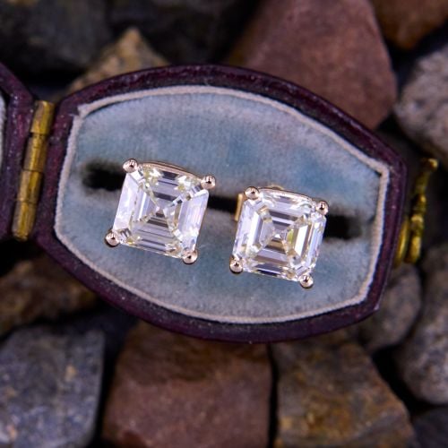 Asscher Cut Diamond Stud Earrings 14K Yellow Gold GIA
