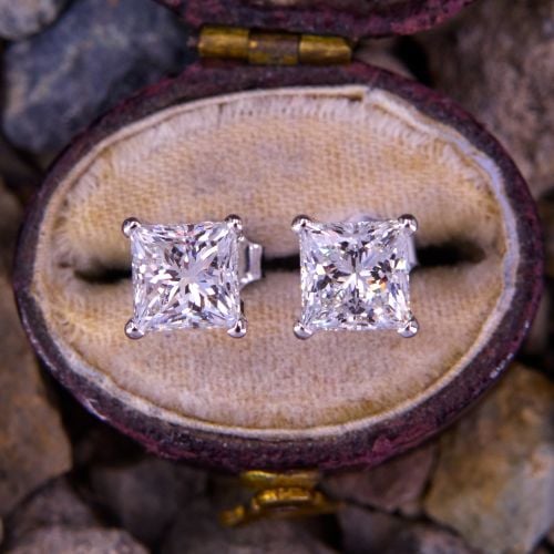 Princess Diamond Stud Earrings 14K White Gold GIA