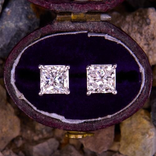 1.5 Carat Princess Diamond Stud Earrings 14K White Gold GIA