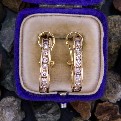 Channel Set Diamond J Hoop Earrings 14K Yellow Gold