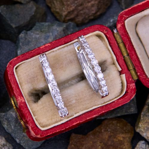 Oval Shape Diamond Hoop Earrings 14K White Gold
