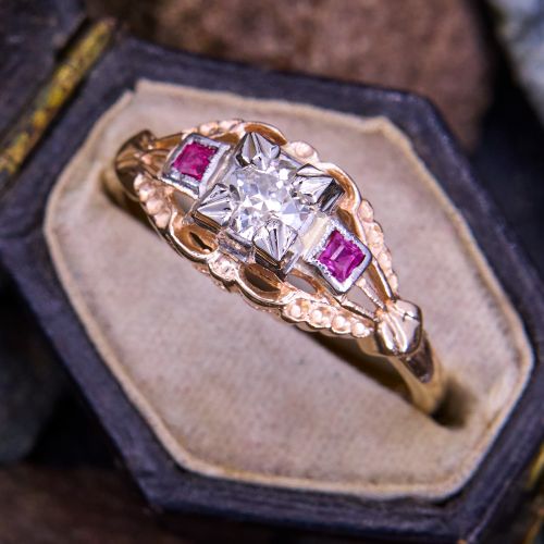 Vintage Ruby Accent Diamond Ring 14k Rosy Yellow Gold