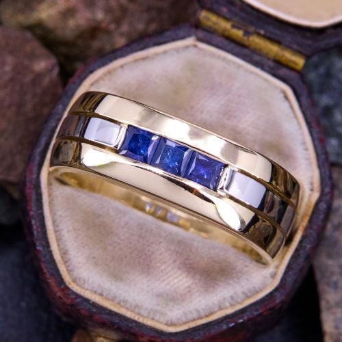 Mens Two Tone Euro Shank Sapphire Ring 18K Gold, Size 9.5