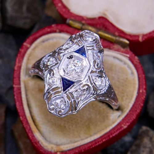 Vintage Belais Diamond Dinner Ring w/ Blue Accents 18K White Gold