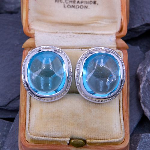 Cabochon Blue Topaz Diamond Earrings 14K White Gold