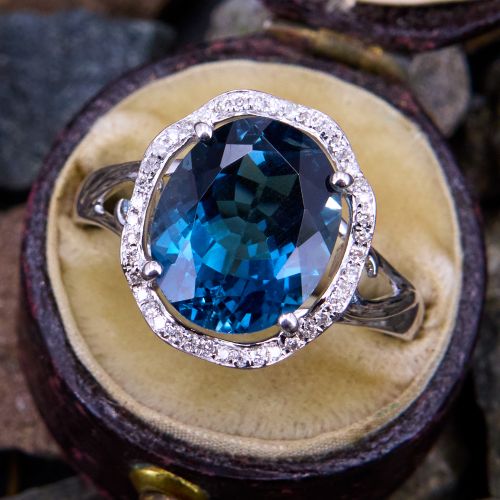 Dazzling London Blue Topaz Diamond Halo Ring 18K White Gold