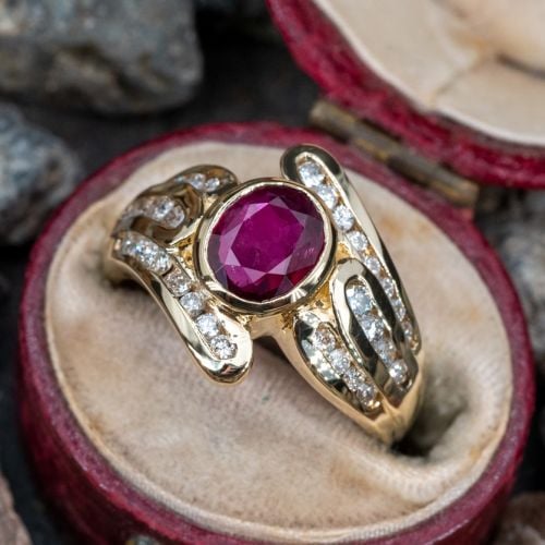 Oval Cut Ruby & Diamond Bypass Style Ring 14K Yellow Gold