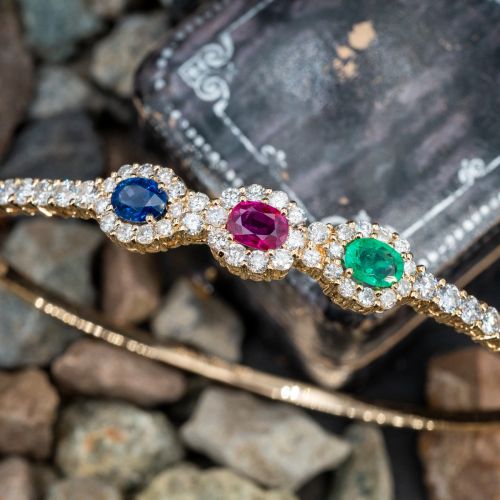 Blue Sapphire, Ruby, Emerald & Diamond Halo Bangle Bracelet 18K Yellow Gold