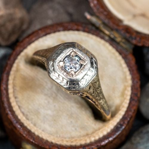 Antique Fan Motif Old Mine Cut Diamond Engagement Ring 14K Gold