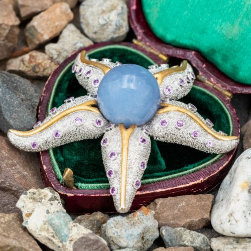 Blue Chalcedony & Pink Sapphire Starfish Brooch 18K White & Yellow Gold