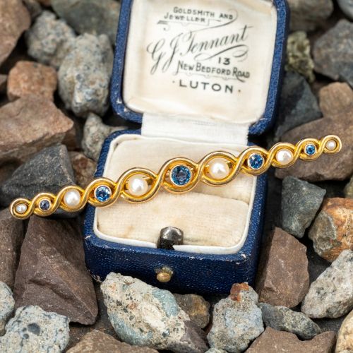 Blue Sapphire & Seed Pearl Bar Pin Brooch 14K Yellow Gold