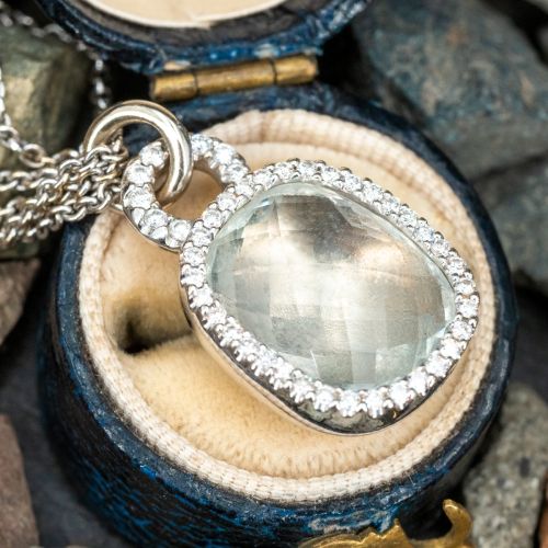Prasiolite Quartz & Diamond Pendant Necklace 14K White Gold