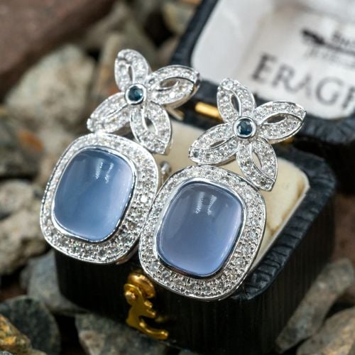 Chalcedony, Diamond & Sapphire Dangle Earrings 14K White Gold