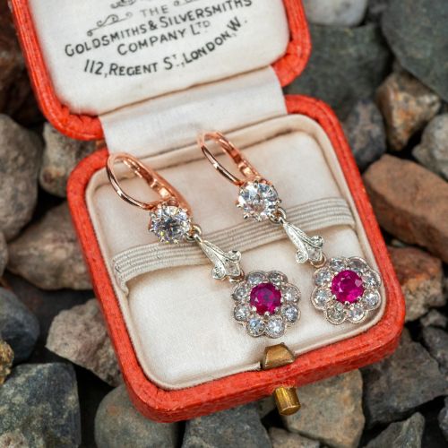 Diamond & Ruby Flower Dangle Earrings
