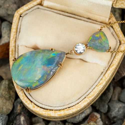 Stunning Opal & Diamond Necklace 14K Yellow Gold