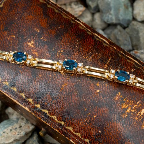 Blue Sapphire & Diamond Link Bracelet 14K Yellow Gold
