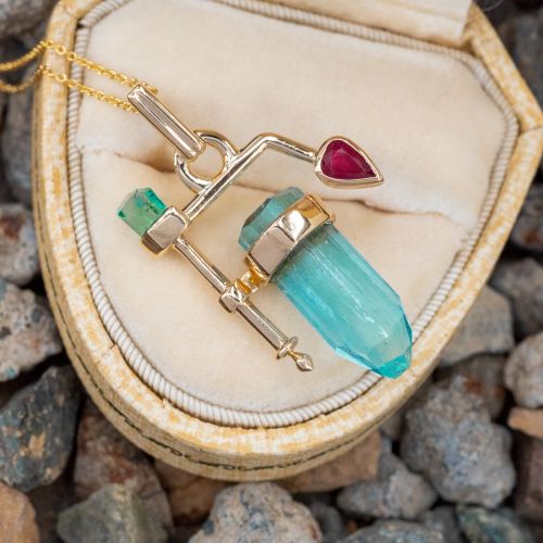 Asymmetrical Rough Crystal Aquamarine & Ruby Pendant Necklace 14K Yellow Gold