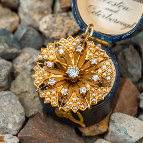 Victorian Diamond & Seed Pearl Brooch/Pendant 14K Yellow Gold