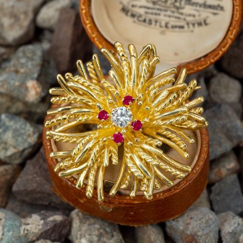 Vintage Diamond & Ruby Brooch/Pendant 18K Yellow Gold