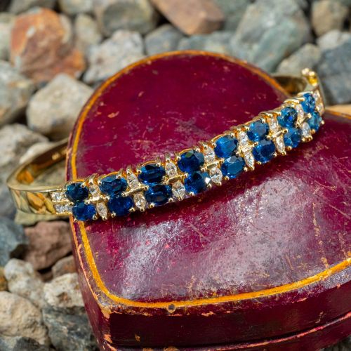 Blue Sapphire & Diamond Bangle Bracelet 14K Yellow Gold