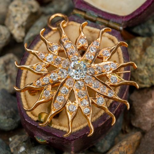 Victorian Diamond Starburst Brooch/Pendant 14K Yellow Gold