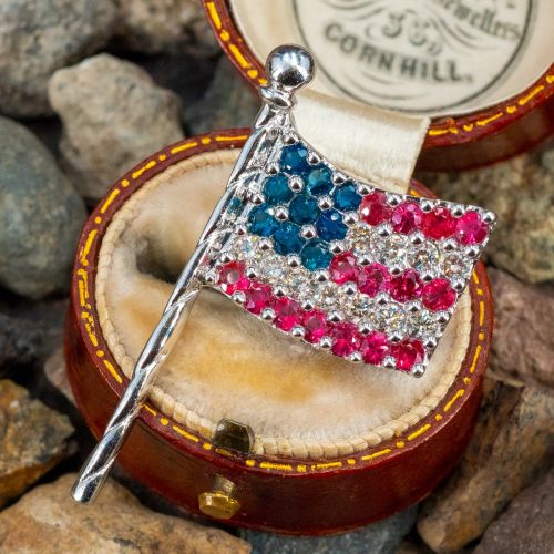 Diamond, Ruby & Sapphire American Flag Pin 14K White Gold