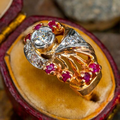 Vintage Retro Diamond & Ruby Ring 14K Rose Gold