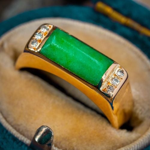 Vintage Jade Saddle Ring w/ Diamond Accents 14K Yellow Gold