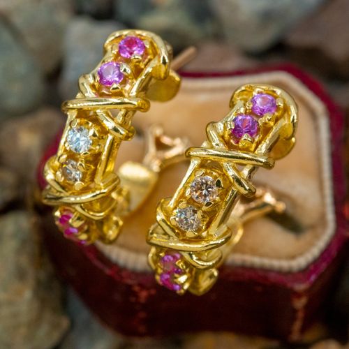 Pink Sapphire & Diamond Earrings 14K Yellow Gold