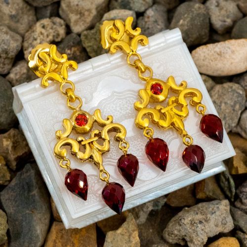 Pierced Design Garnet Chandelier Earrings 18K Yellow Gold