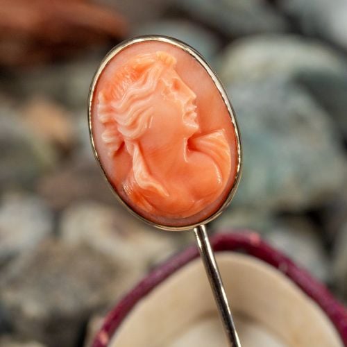 Vintage Carved Coral Cameo Stick Pin 14K Yellow Gold
