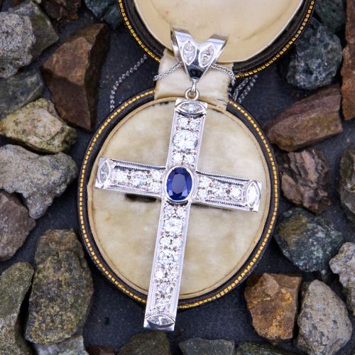 Vintage Blue Sapphire & Diamond Cross Pendant Necklace 14K White Gold